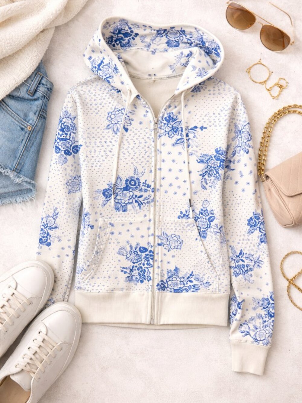 Reverse Blue White Floral Zip Hoodie Jacket Cottagecore Size L